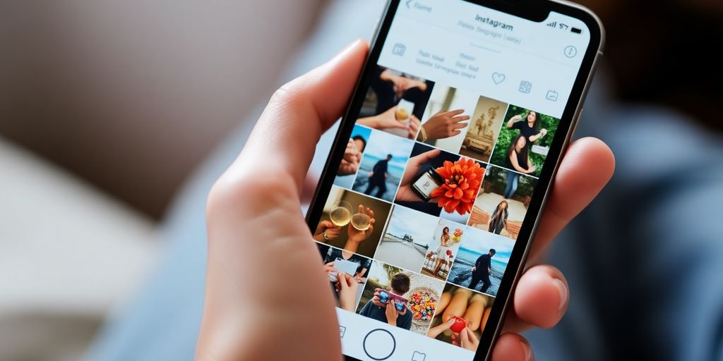 Close-up hand holding phone, Instagram grid on screen.