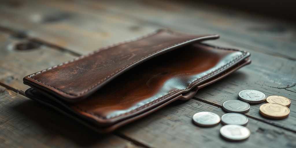 Empty wallet on a wooden table. Coins nearby.