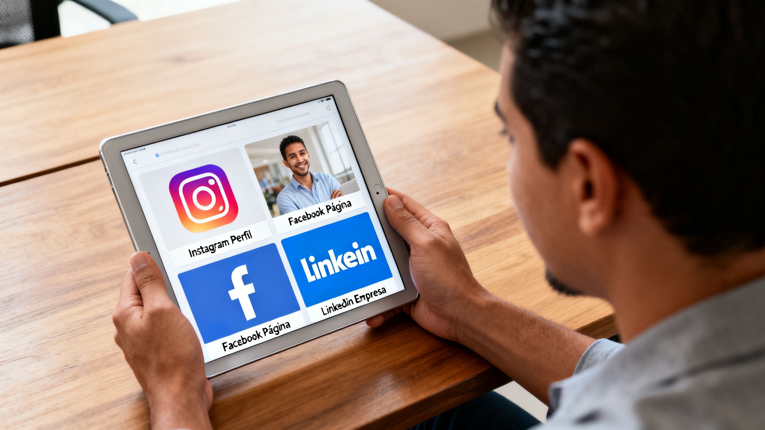 Dueño de una pyme colombiana comparando el perfil de Instagram, Facebook y LinkedIn de su negocio en una tableta