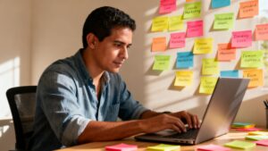 Emprendedor colombiano en su escritorio, rodeado de notas adhesivas con tareas pendientes de marketing, revisando su laptop bajo luz natural en un ambiente de trabajo genuino.