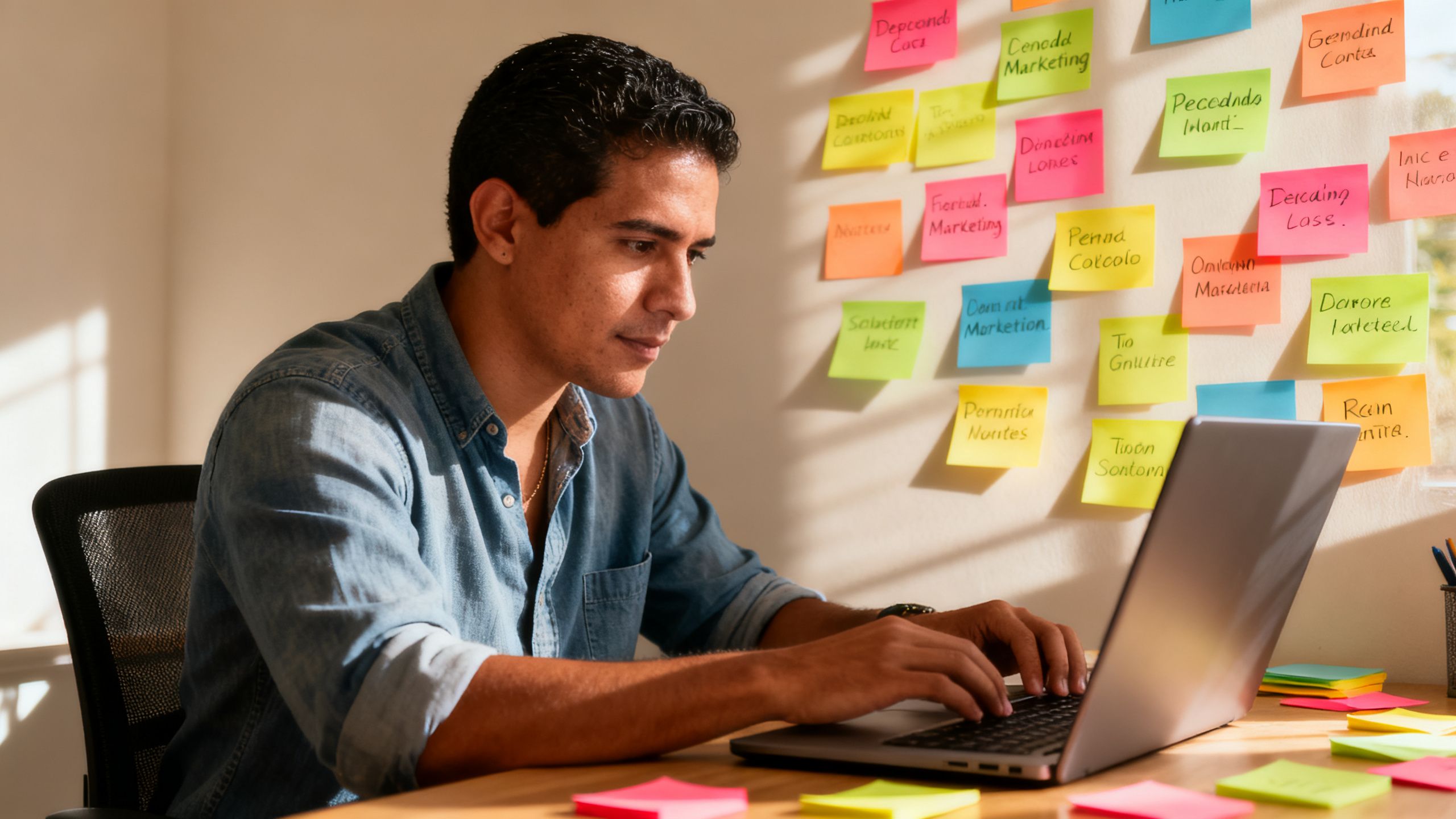 Emprendedor colombiano en su escritorio, rodeado de notas adhesivas con tareas pendientes de marketing, revisando su laptop bajo luz natural en un ambiente de trabajo genuino.