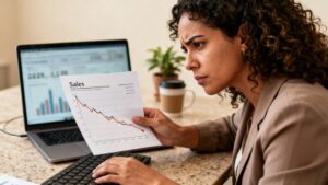 Fotografía realista de una dueña de negocio colombiana revisando gráficas de ventas en descenso junto a su computador, en su oficina o estudio, con expresión pensativa y cifras desenfocadas en pantalla