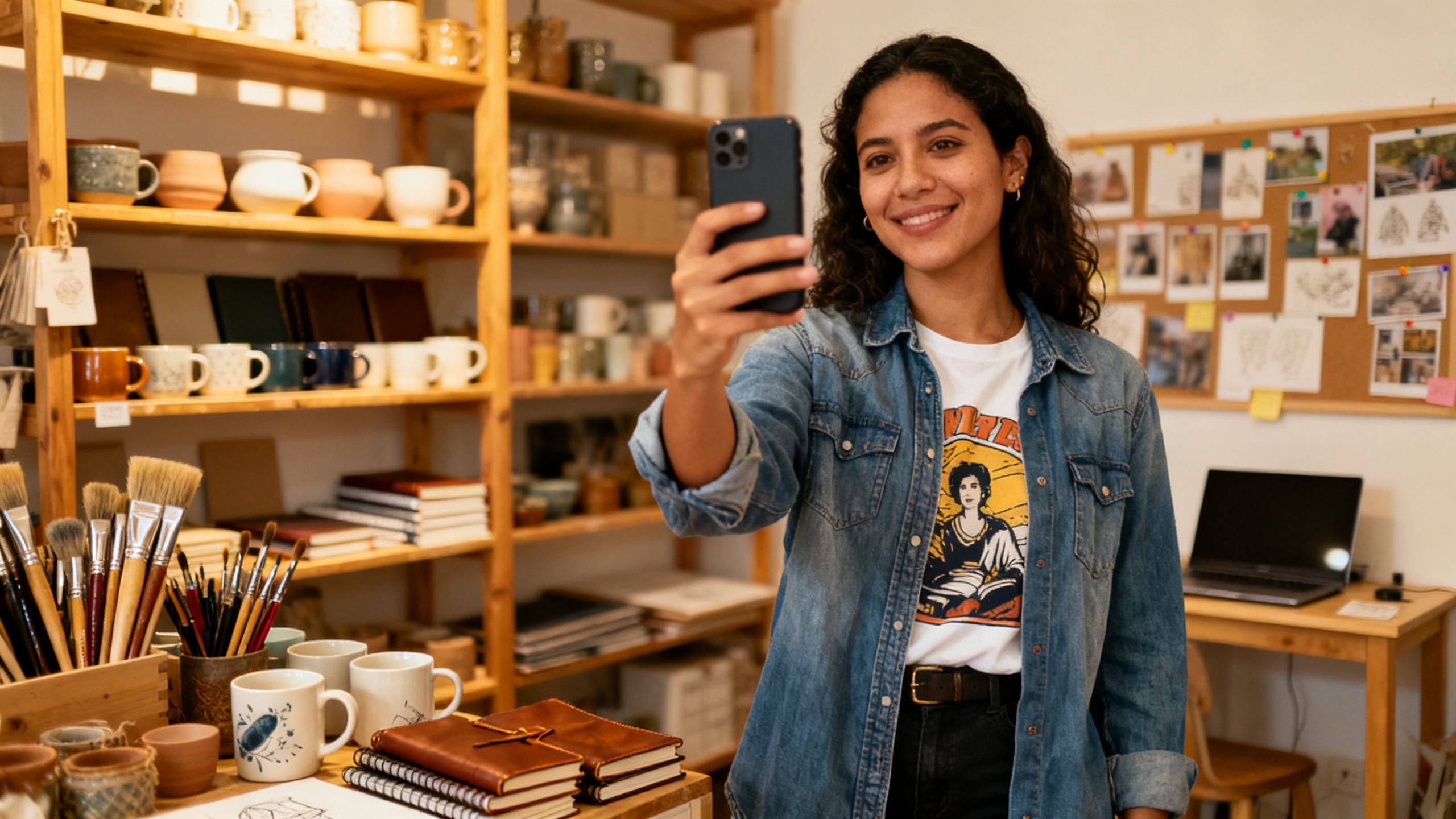 Emprendedora latina grabando un video de tendencia para redes sociales dentro de su tienda creativa, entre productos y herramientas de trabajo, en una escena documental realista y natural