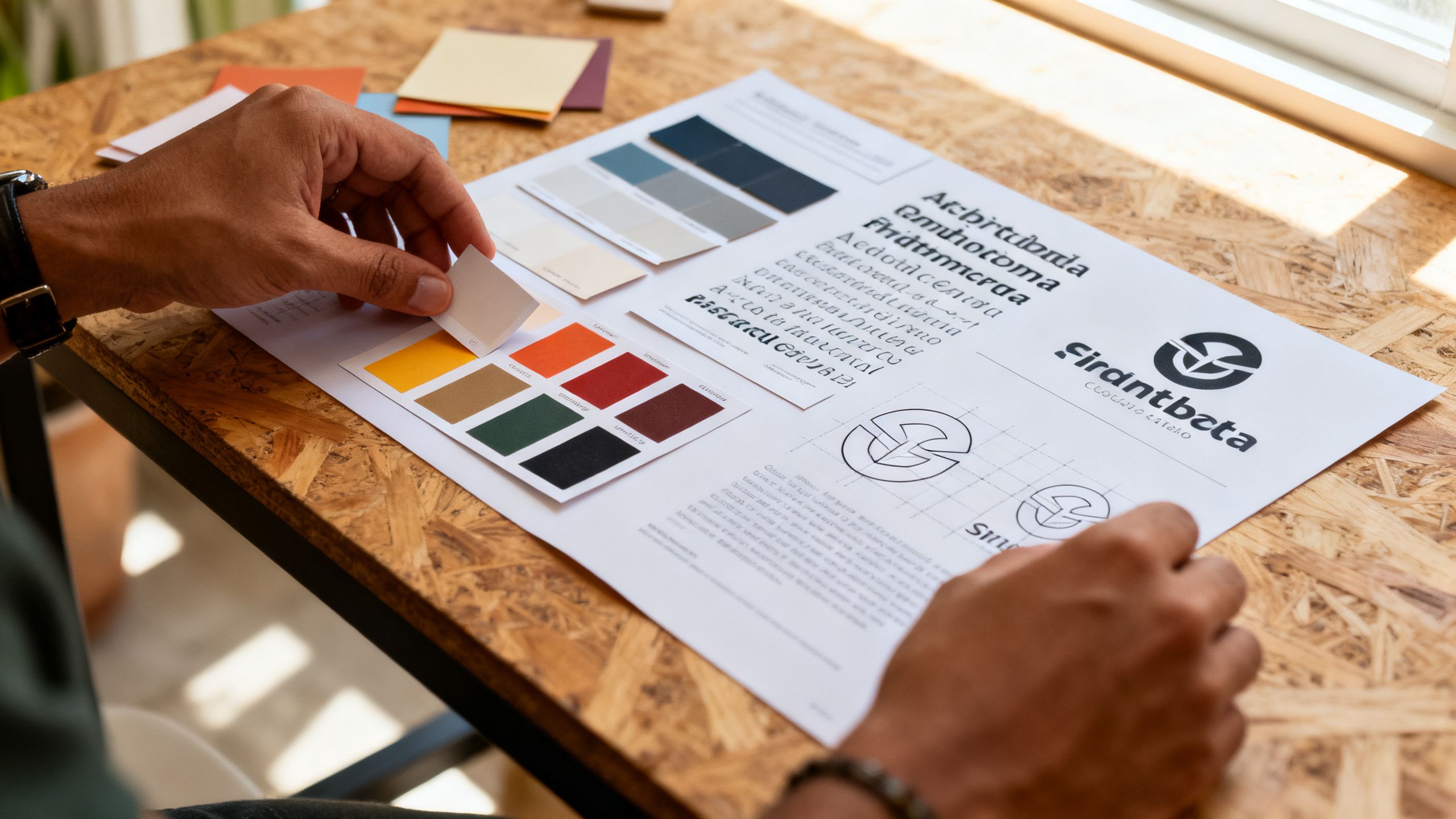 Manos de una emprendedora colombiana organizando un moodboard real de identidad de marca con paletas de color, tipografías y logotipos impresos sobre una mesa de trabajo, con luz natural.