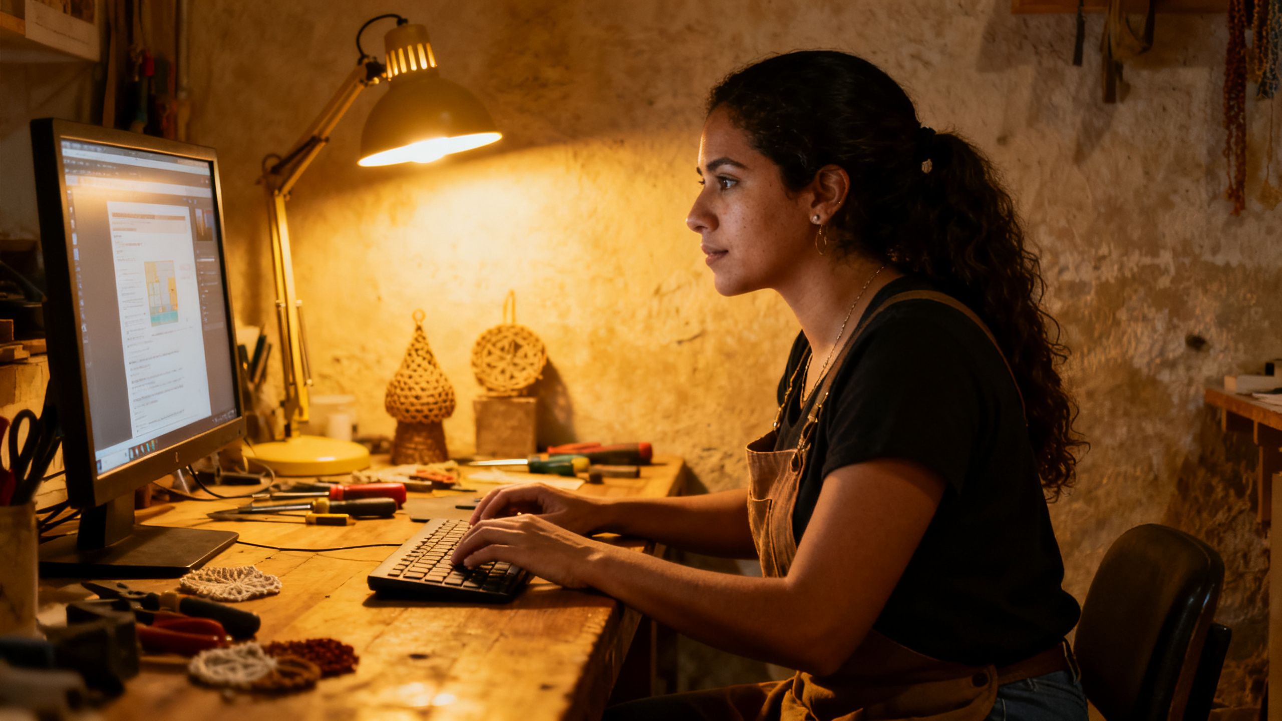 Emprendedora colombiana trabajando hasta tarde en su computador en un pequeño taller o estudio, con luz cálida de escritorio y un ambiente de trabajo genuino.