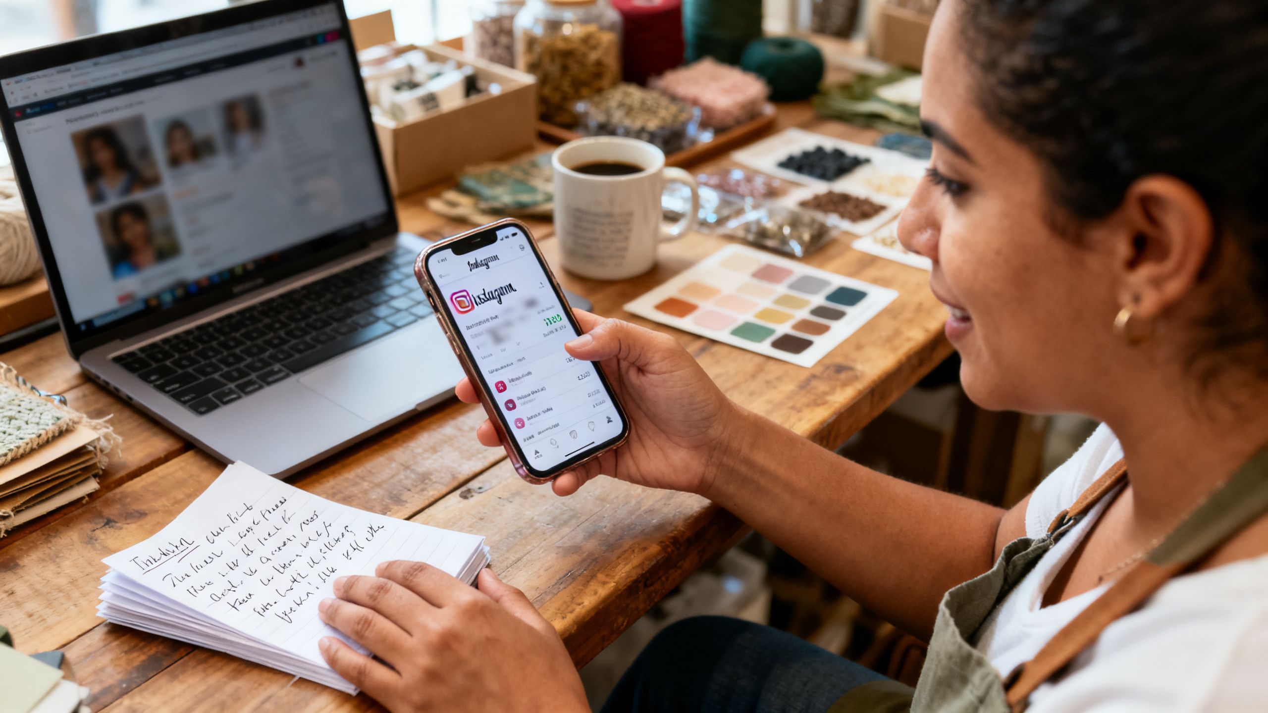 Fotografía documental realista de una emprendedora colombiana en su tienda o estudio revisando en su teléfono las estadísticas de seguidores e interacción de la cuenta de Instagram de su negocio; pantalla con datos genéricos desenfocados, luz natural y entorno de trabajo auténtico, sin gráficos falsos ni estética de banco de imágenes.